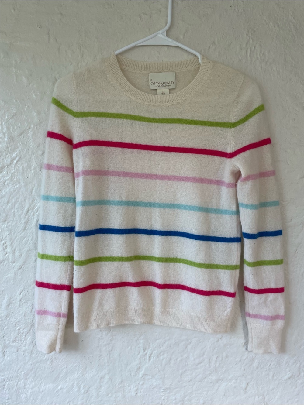 Cynthia Rowley 2-ply 100% cashmere white colorful striped pullover sweater; S
